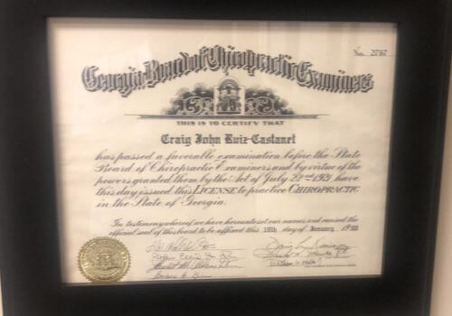 Chiropractic treatment license from state of Georgia